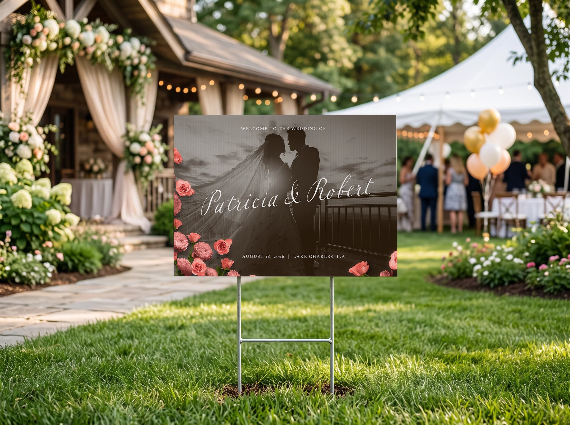 Wedding announcement yard sign in a garden