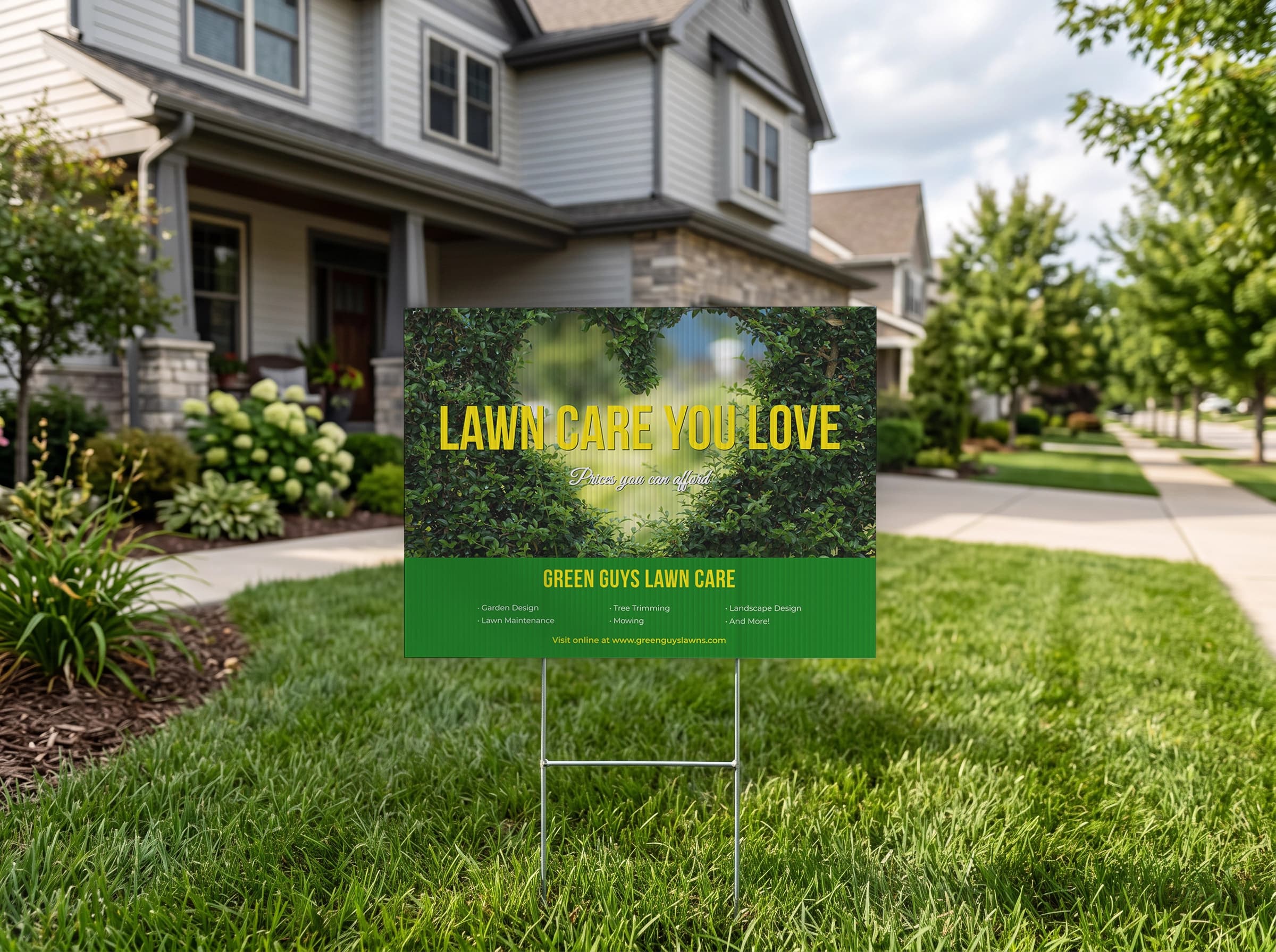 Lawn care service yard sign on a green lawn