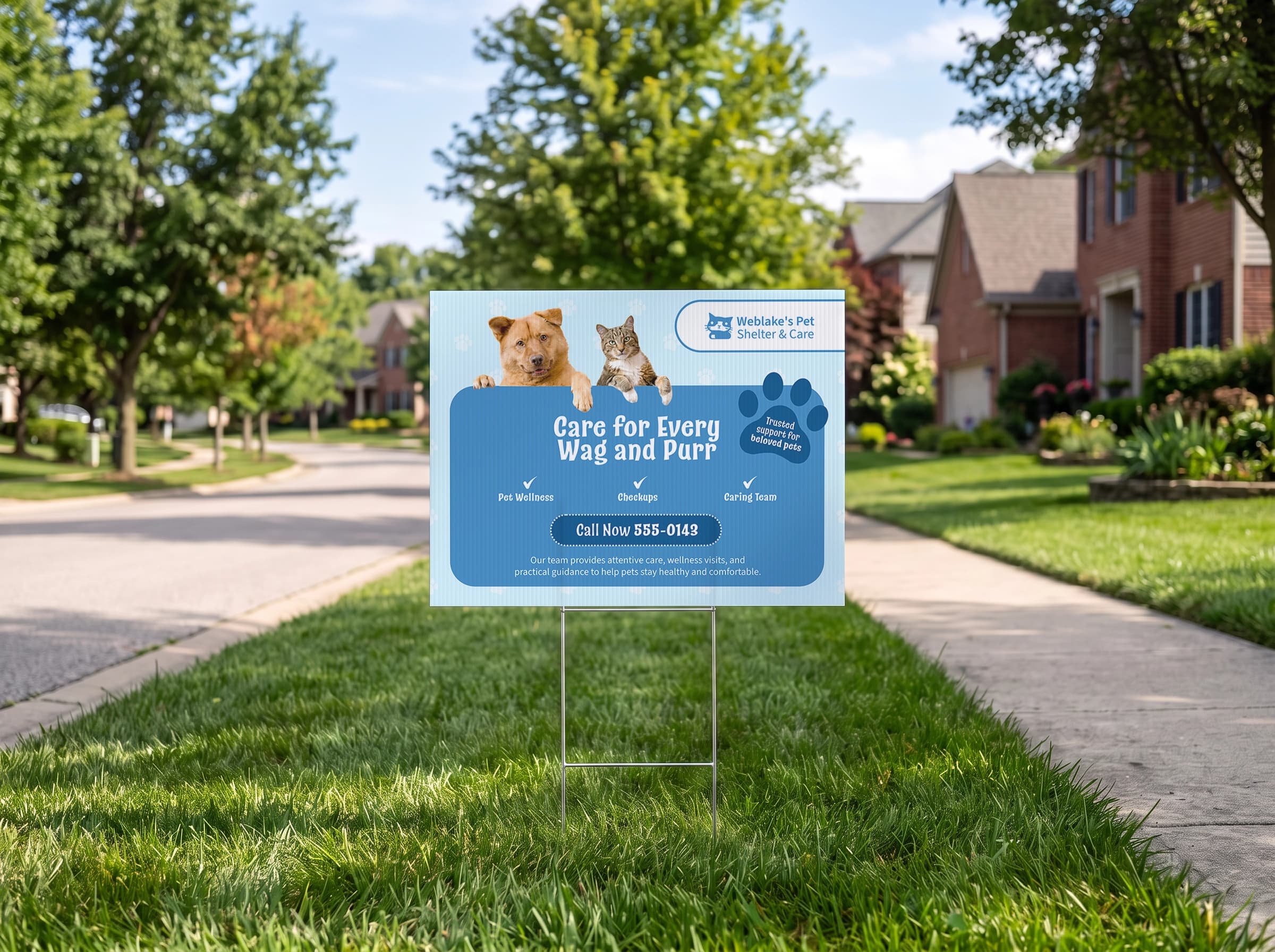 Veterinary clinic yard sign on a suburban lawn